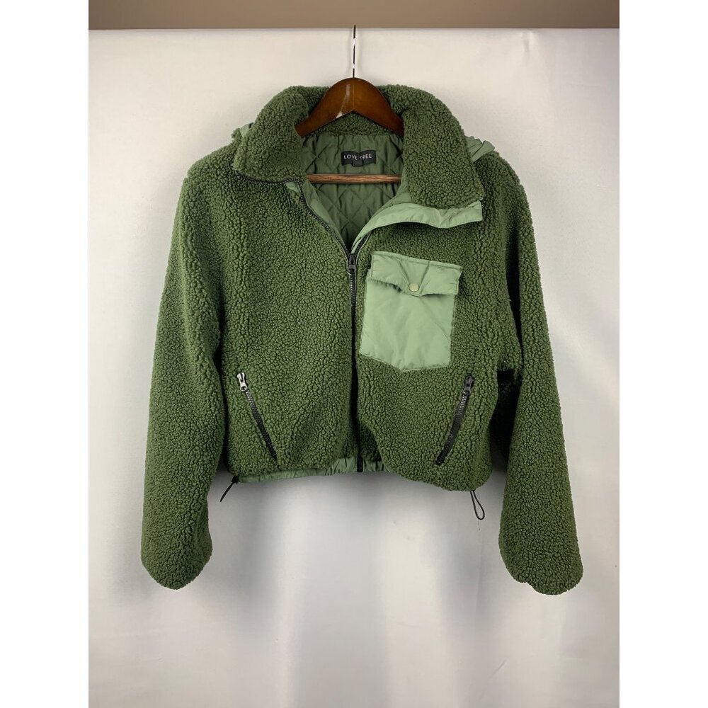 Love Tree Olive Green Sherpa Zip-Up Jacket with Light Green Pocket